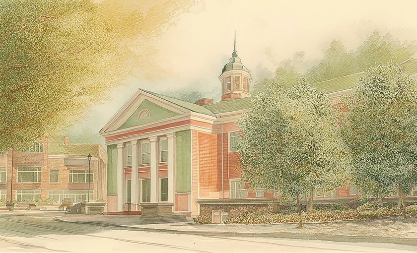 Watercolor of Holly Springs Town Hall: a columned brick building with a cupola, trees along the street